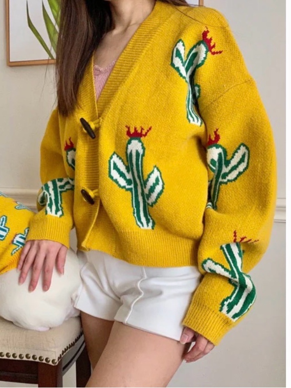 Vibrant Yellow Cactus Print Toggle Cardigan 🌵✨ size large rodeo novelty print
